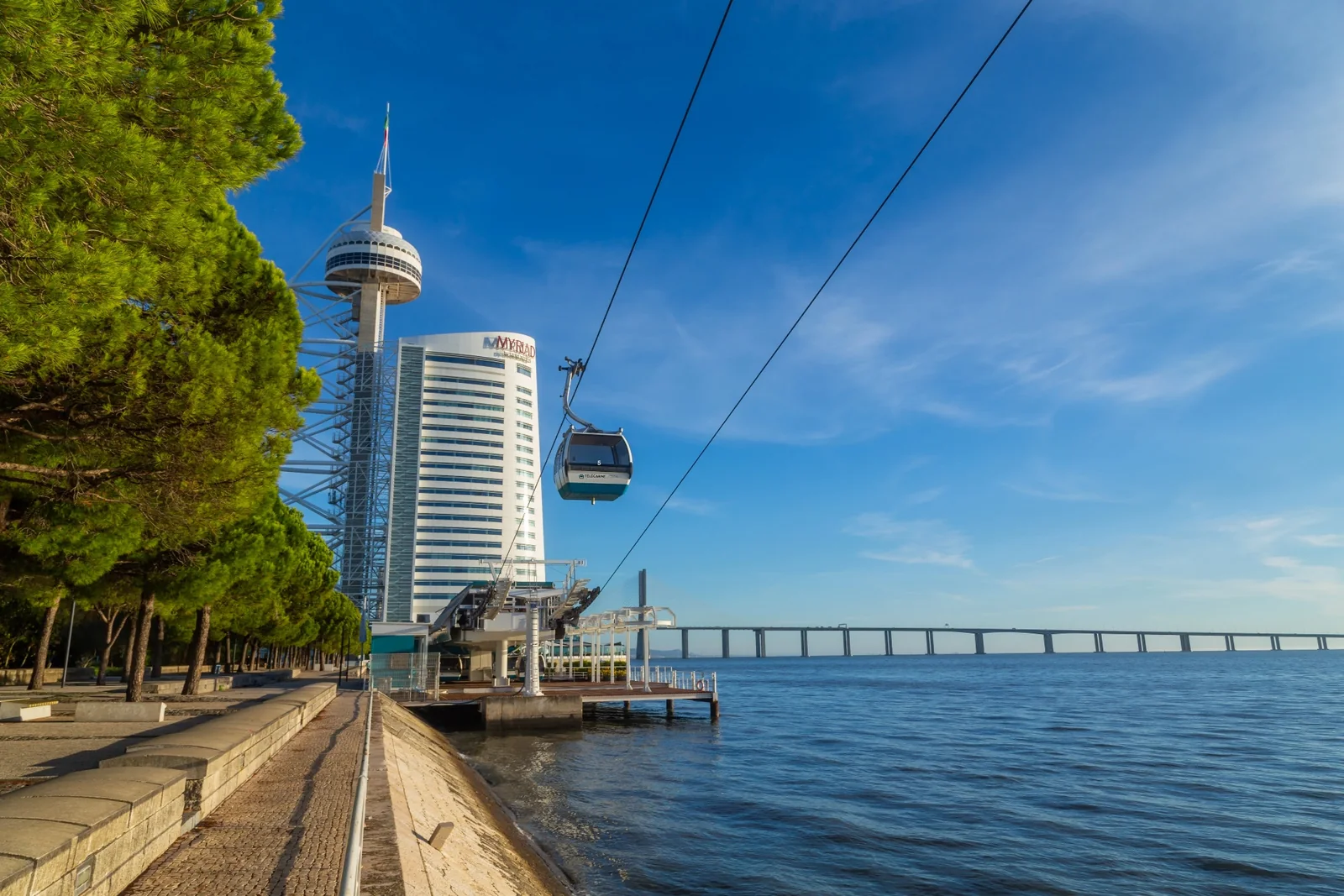 The Parque das Nações cable car over the Tagus with the Vasco da Gama tower and bridge behind