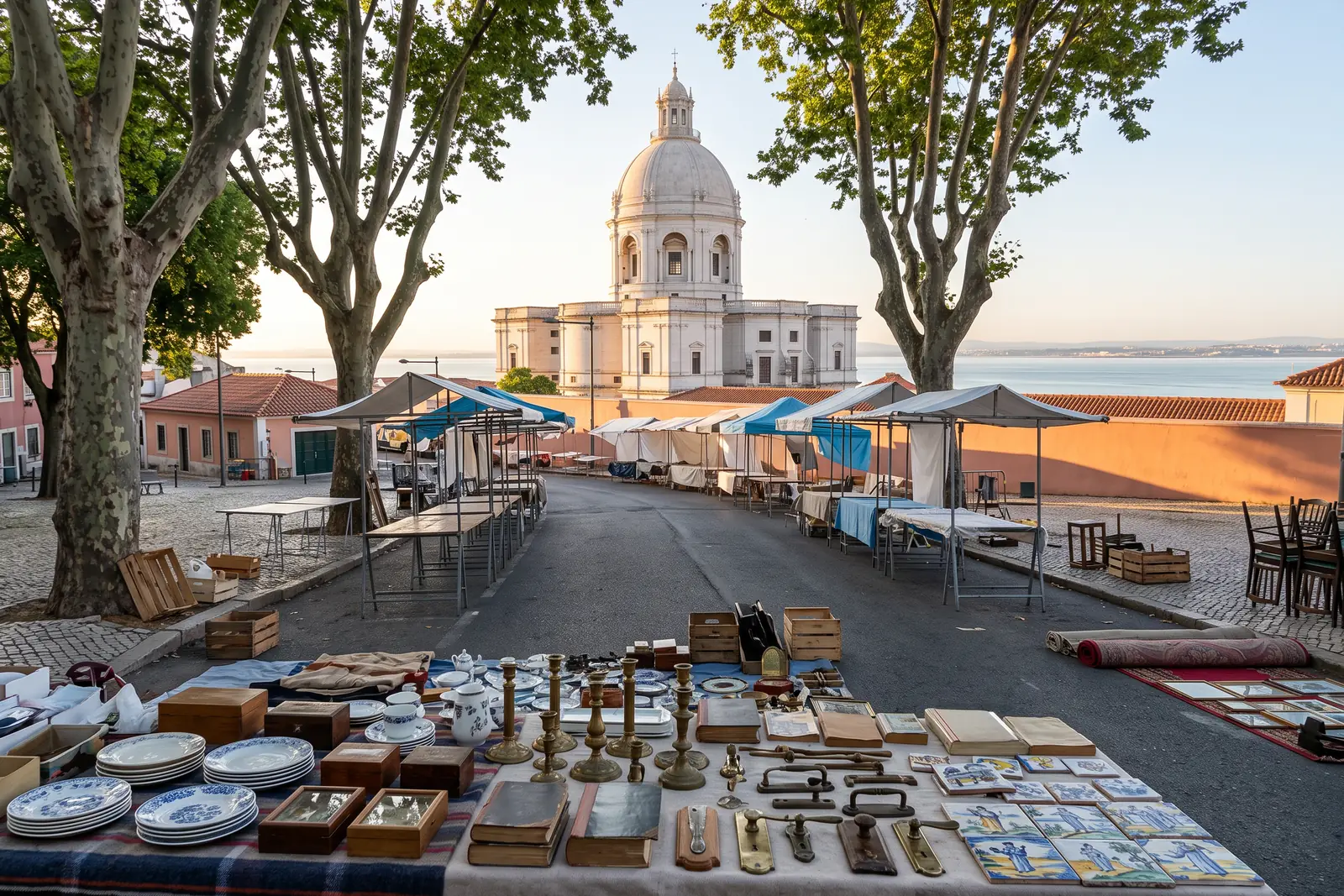 Feira da Ladra being set up on Campo de Santa Clara at dawn, the dome of the Panteão Nacional between the trees