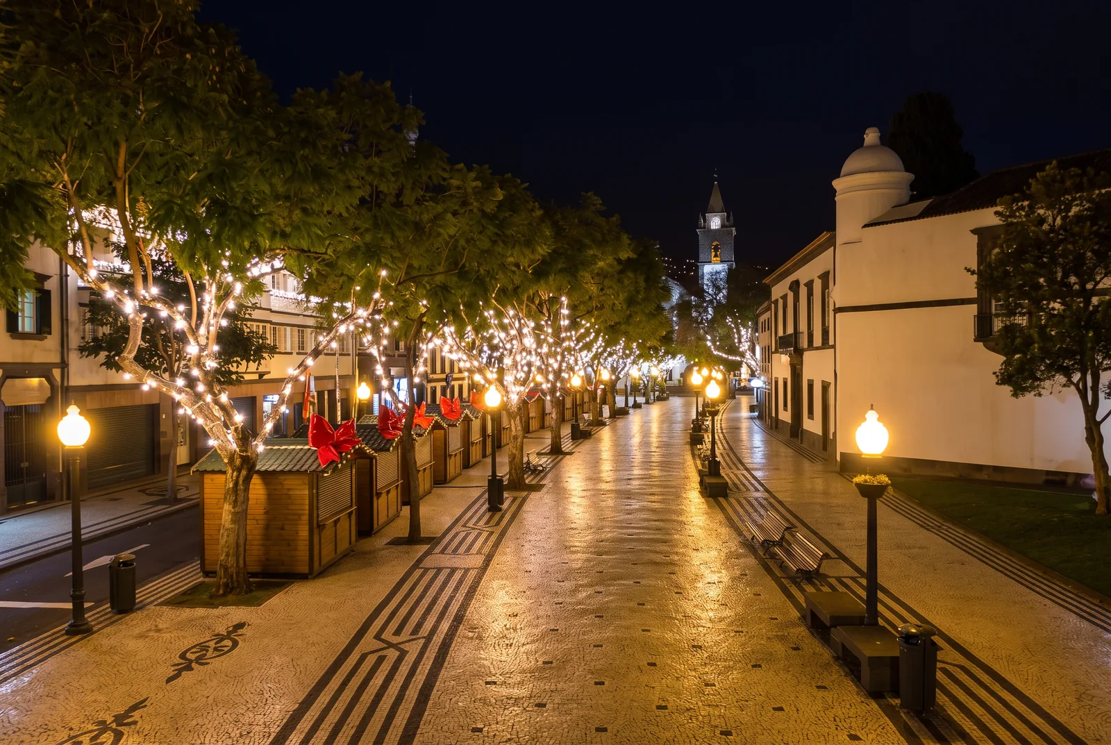 Avenida Arriaga in Funchal at night, with fairy lights wrapped around the trees above a row of closed wooden Christmas market stalls and the cathedral bell tower at the far end