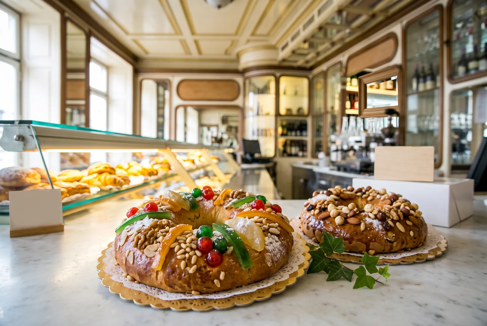 A bolo-rei and a smaller bolo-rainha on the marble counter of a traditional Lisbon pastry shop