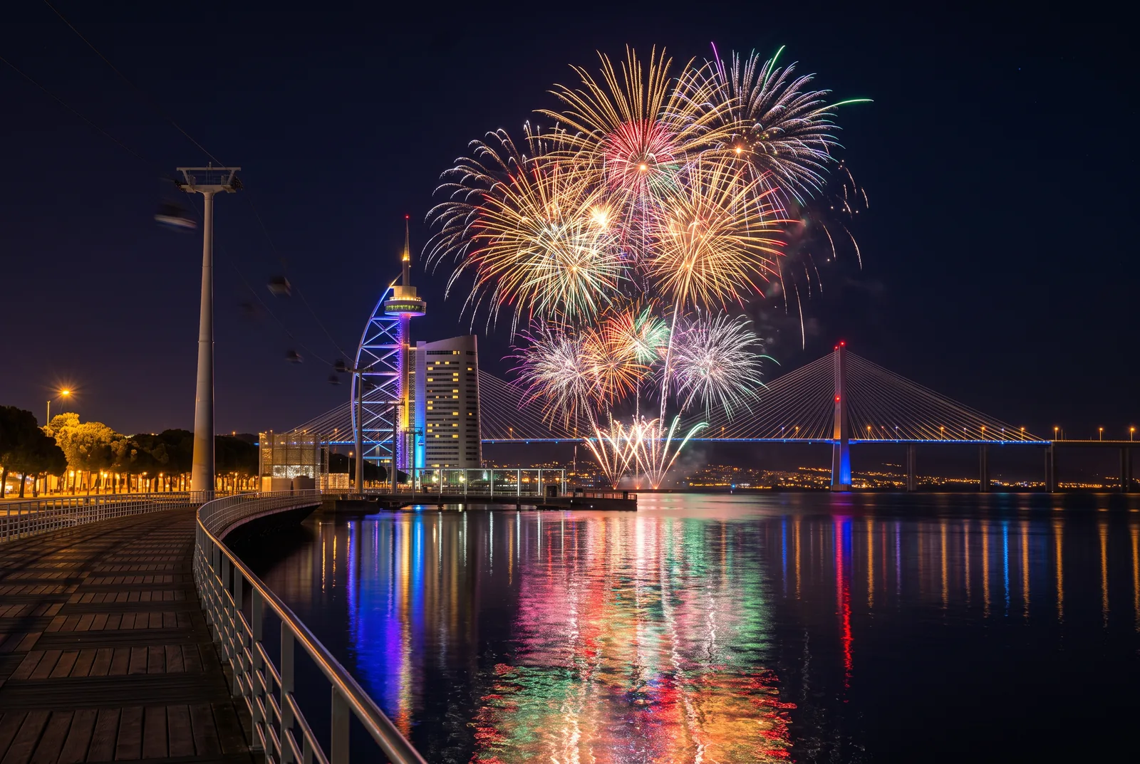 New Year's Eve fireworks over the Tagus in Parque das Nações, between the Vasco da Gama tower and the Vasco da Gama bridge