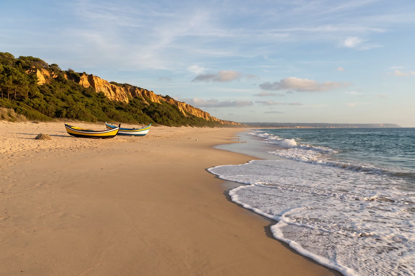 Fonte da Telha beach at golden hour, two painted fishing boats on the sand below the ochre fossil cliff of Costa da Caparica