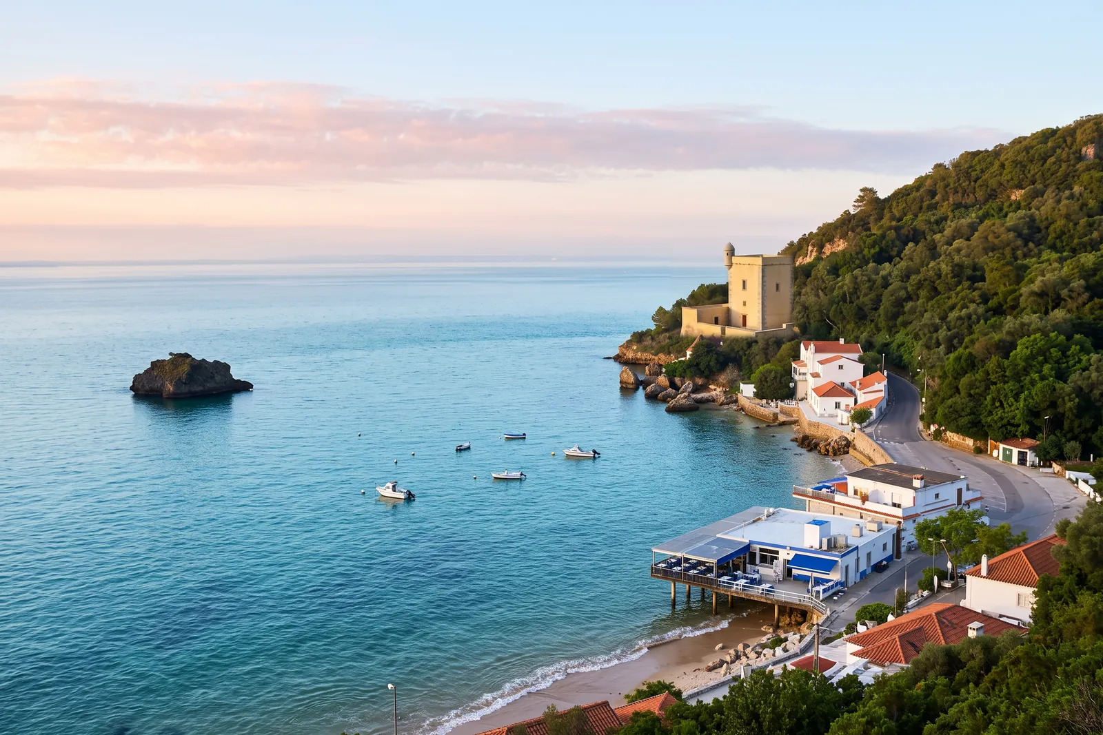 Portinho da Arrábida in early morning, the ochre fort and white village houses beside the calm turquoise bay below the wooded Serra da Arrábida