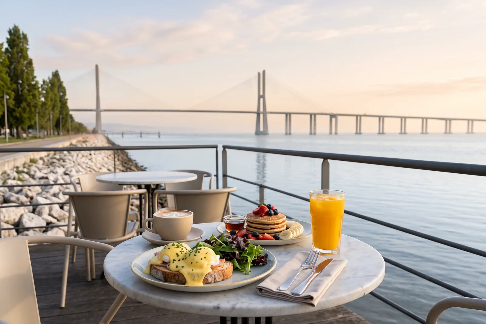 Eggs benedict on sourdough, pancakes with fresh berries, a flat white and an orange juice on a marble café table by the Tagus in Parque das Nações, with the Vasco da Gama Bridge stretching into the morning haze behind