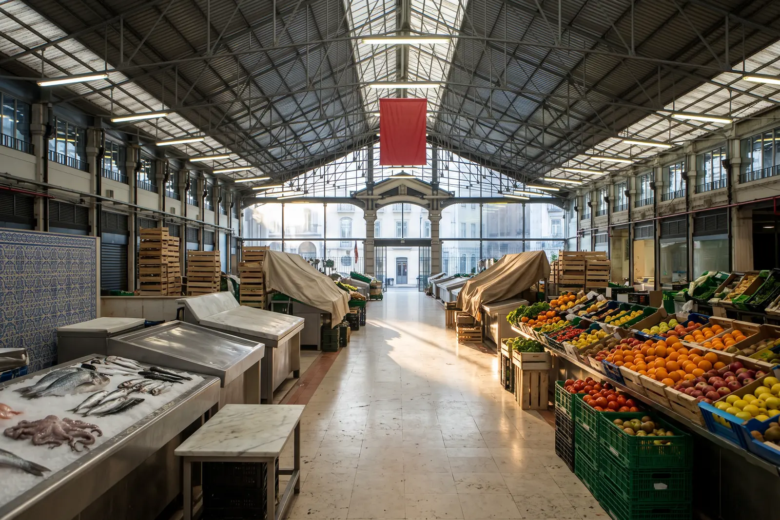 Early morning in the traditional market hall of Mercado da Ribeira in Lisbon, with sea bream, sardines and octopus on ice at a fish counter on the left and crates of oranges, apples and lemons on the right, the aisle empty under the iron roof