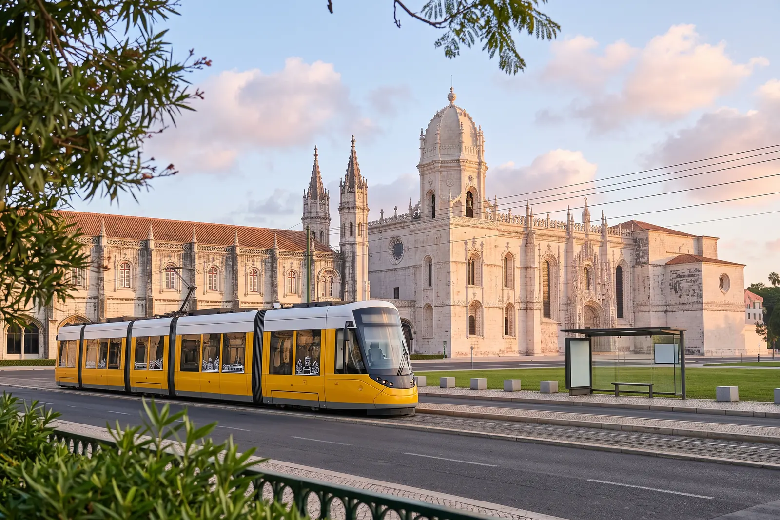 A modern articulated tram on line 15E passing the Jerónimos Monastery in Belém